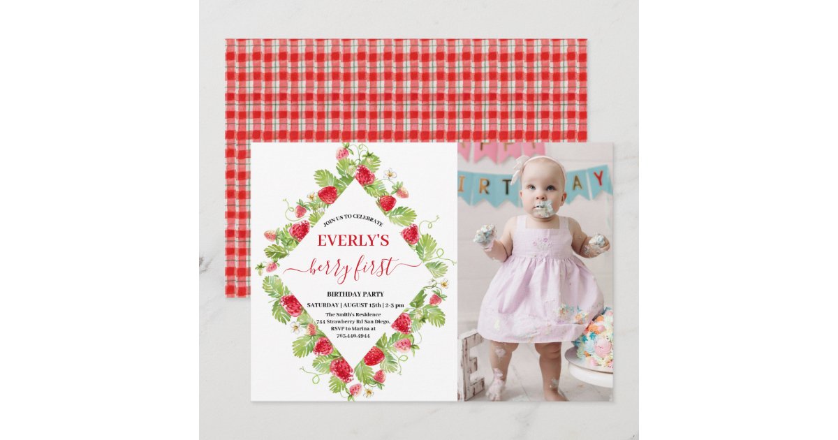 Strawberry 1st Birthday Party Berry First Photo Invitation | Zazzle