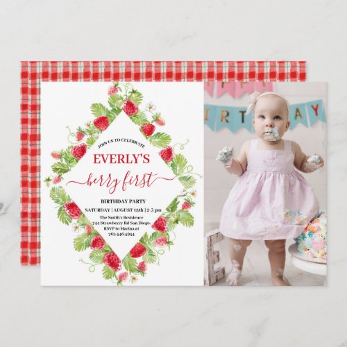 Strawberry 1st Birthday Party  Berry First Photo  Invitation