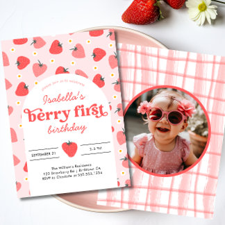 Strawberry 1st Birthday Party Berry First Photo  Invitation