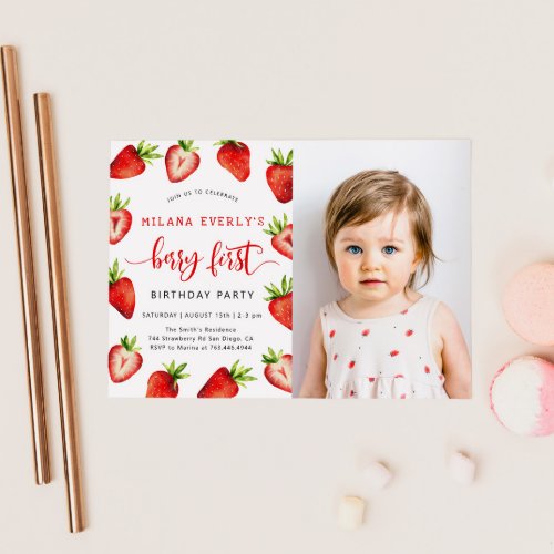 Strawberry 1st Birthday Party  Berry First Photo Invitation