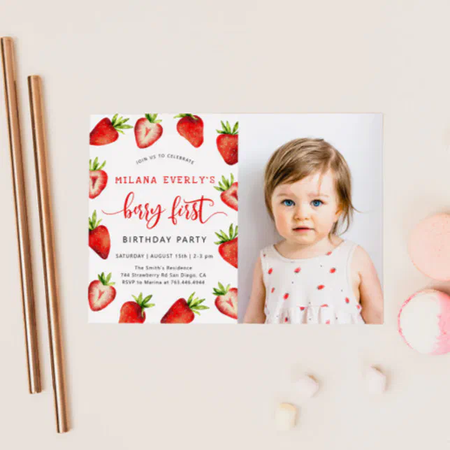 Strawberry 1st Birthday Party | Berry First Photo Invitation | Zazzle