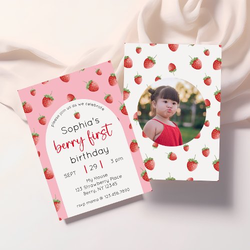 Strawberry 1st Birthday Party Berry First Photo Invitation