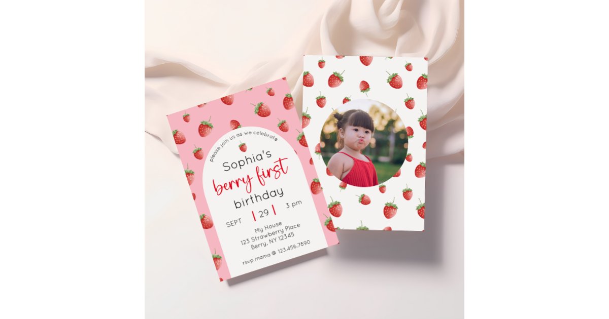 Strawberry 1st Birthday Party Berry First Photo Invitation | Zazzle