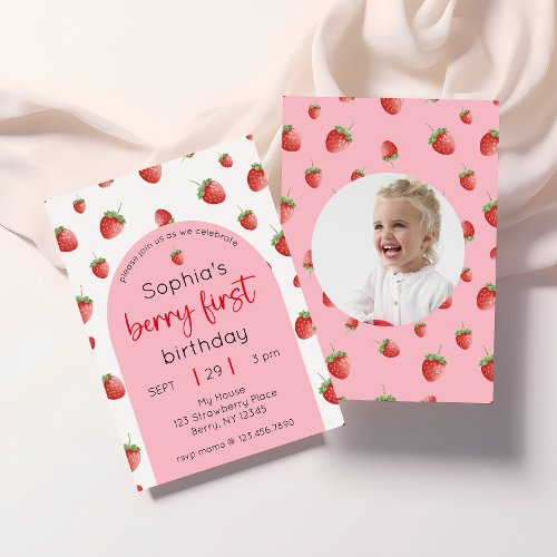 Strawberry 1st Birthday Party Berry First Photo Invitation
