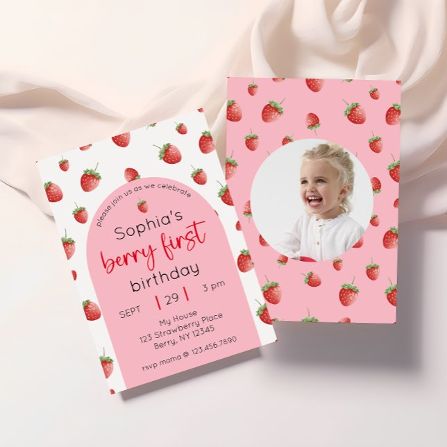 Strawberry 1st Birthday Party Berry First Photo Invitation (Creator Uploaded)