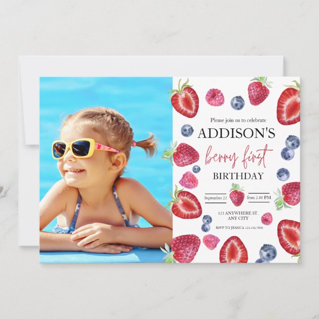 Strawberry 1st Birthday Party Berry First Photo Invitation (Front)