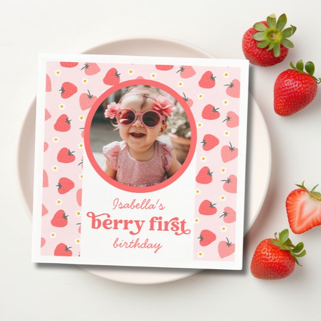 Strawberry 1st Birthday Party Berry First Photo Napkins (berry first birthday party napkins)