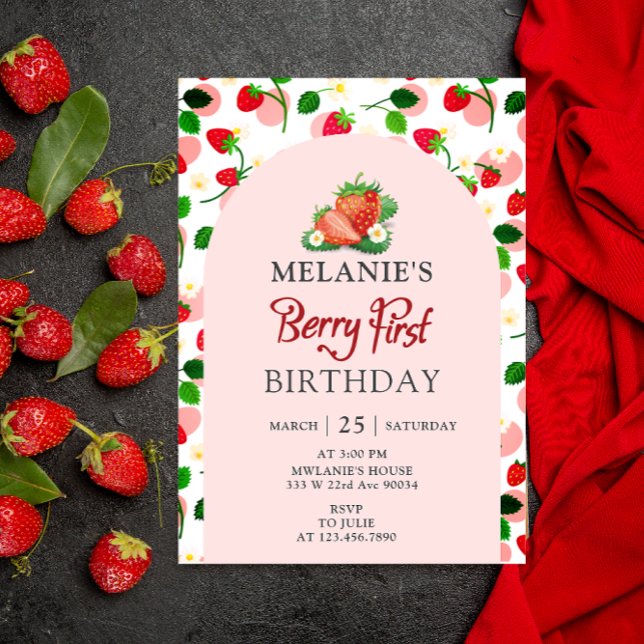 Strawberry 1st Birthday Party | Berry First Pink Invitation (Girl Berry first birthday card invitation)