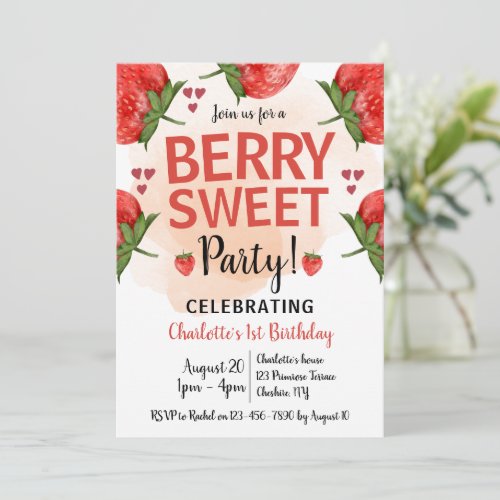 Strawberry 1st Birthday Party Berry Sweet  Invitation