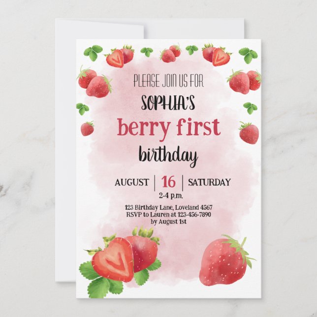 Strawberry 1st Birthday Party Berry Sweet Invitation (Front)