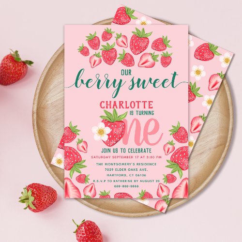 Strawberry 1st Birthday Party Berry Sweet Pink Invitation
