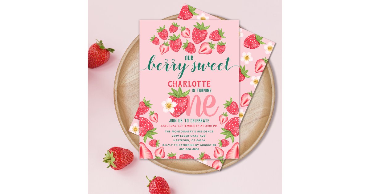 Strawberry 1st Birthday Party Berry Sweet Pink Invitation | Zazzle