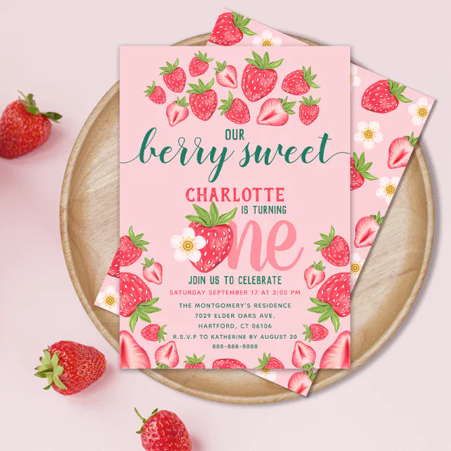 Strawberry 1st Birthday Party Berry Sweet Pink Invitation | Zazzle