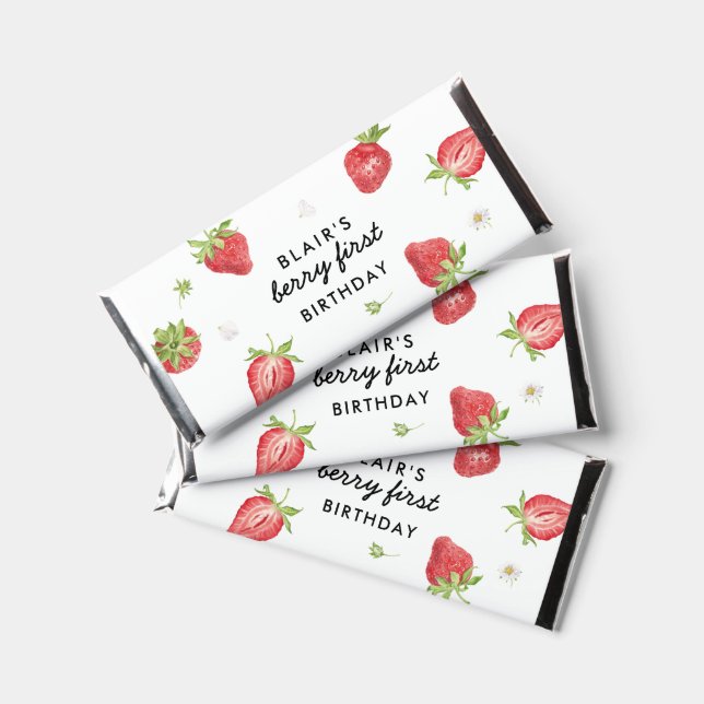 Strawberry 1st Birthday Party Chocolate Hershey Bar Favors (Front)