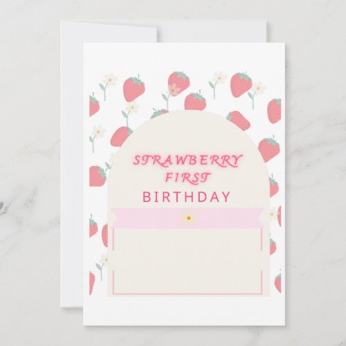 Strawberry 1st Birthday Party First Invitation