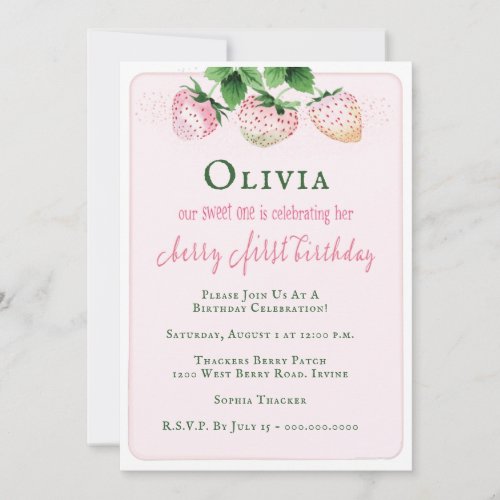 Strawberry 1st Birthday Party Invitation