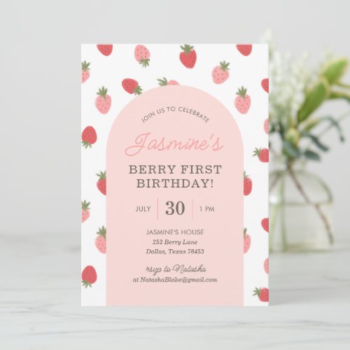 Strawberry 1st Birthday Party Invitation