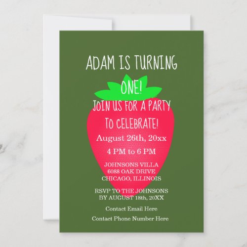 Strawberry 1st Birthday Party Red Green Custom Age Invitation