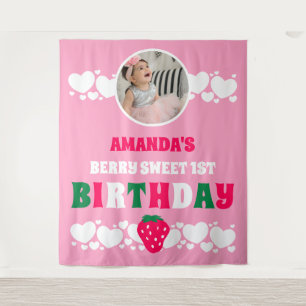 Strawberry 1st Birthday Photo Fabric Banner Tapestry