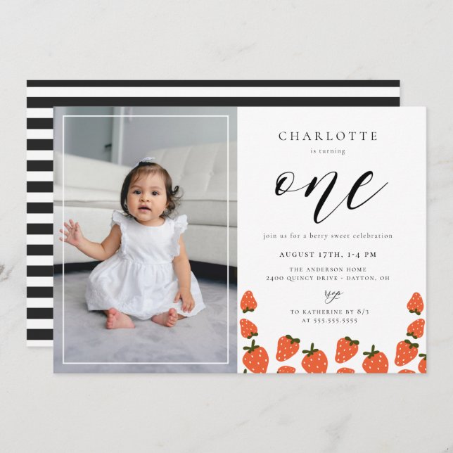 Strawberry 1st Birthday Photo Invitation (Front/Back)