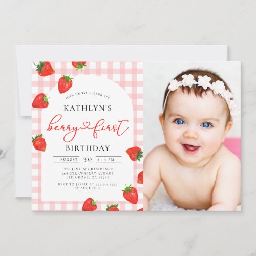 Strawberry 1st Birthday Pink Berry Birthday Photo Invitation