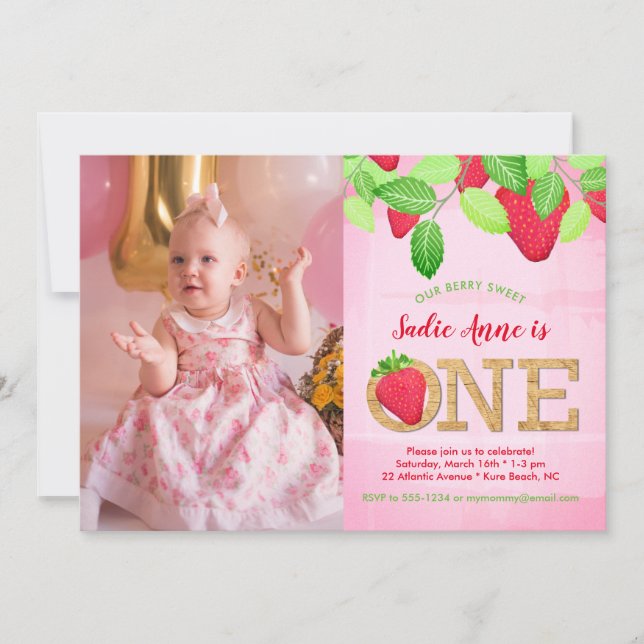 Strawberry 1st Birthday Pink Watercolor Photo Invitation (Front)