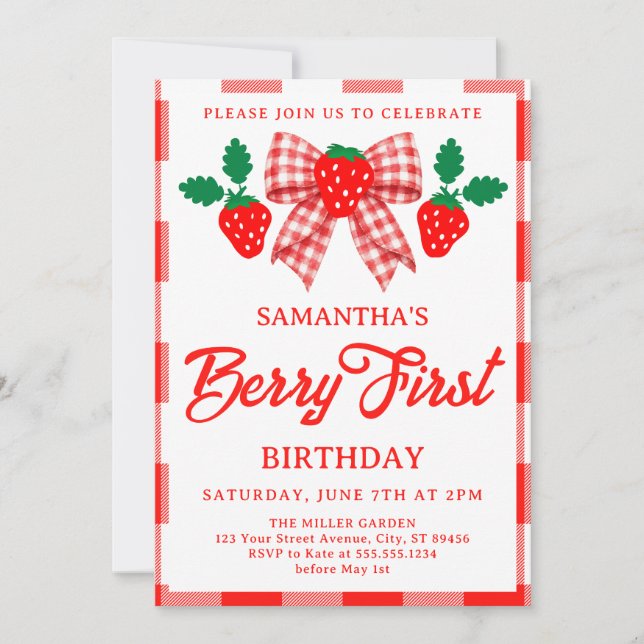Strawberry 1st Birthday Red Gingham Bow Invitation (Front)