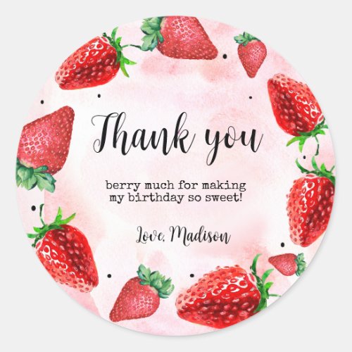 Strawberry 1st Birthday Thank You  Favor  Classic Round Sticker