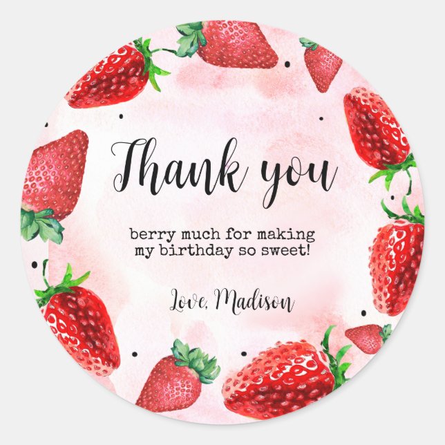 Strawberry 1st Birthday Thank You  Favor  Classic Round Sticker (Front)