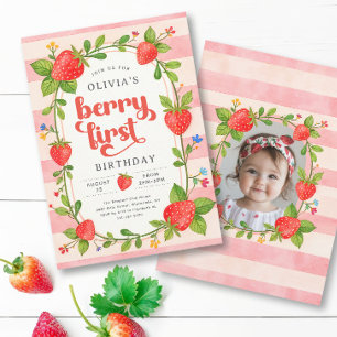Strawberry 1st Birthday Vintage Berry First Photo Invitation