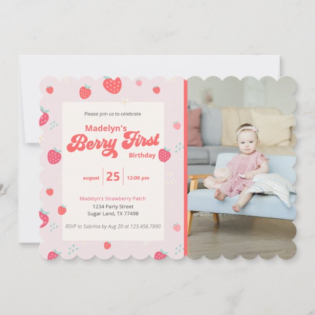 Strawberry 1st Birthday w/ Photo Summer Invitation (Front)