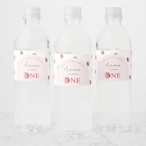 Strawberry 1st birthday water bottle label