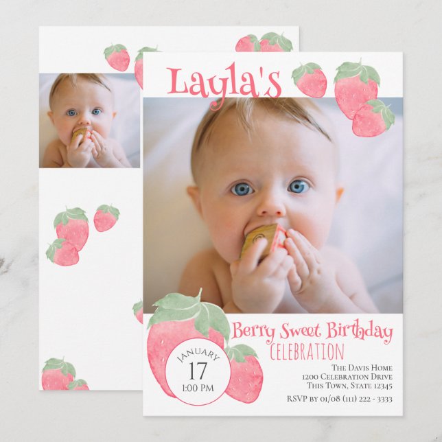 Strawberry 1st Birthday with Photo Invitation (Front/Back)