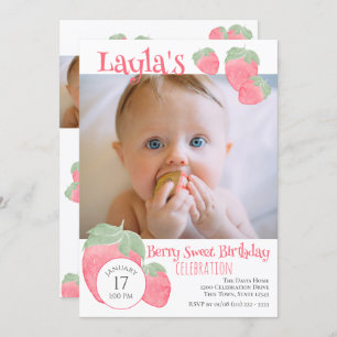 Strawberry 1st Birthday with Photo Invitation
