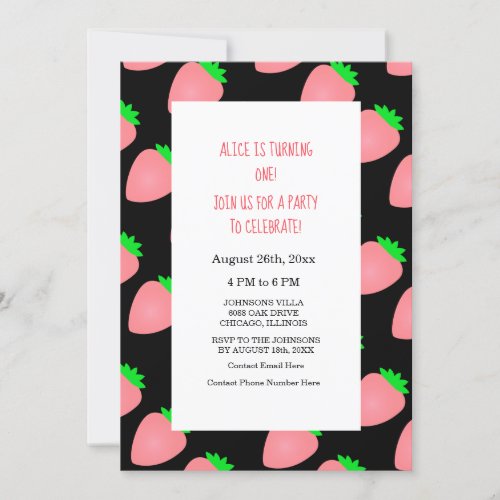 Strawberry 1st First Summer Birthday Baby Girl Invitation