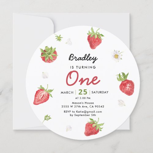 Strawberry 1st Girl Berry Birthday Invitation