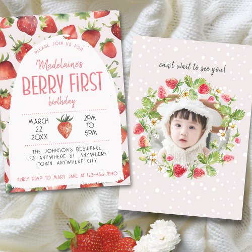 Strawberry 1st Photo Berry First Birthday Invitation