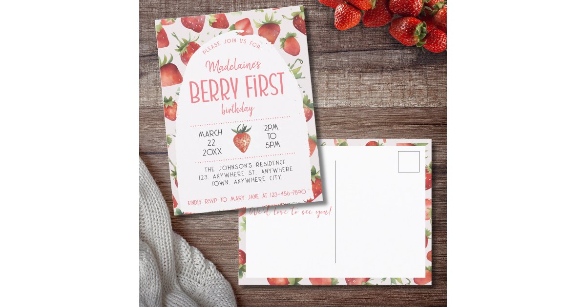 Strawberry 1st Photo Berry First Birthday Invitation Postcard | Zazzle