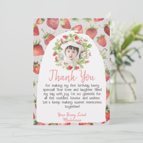 Strawberry 1st Photo Berry First Birthday   Thank You Card