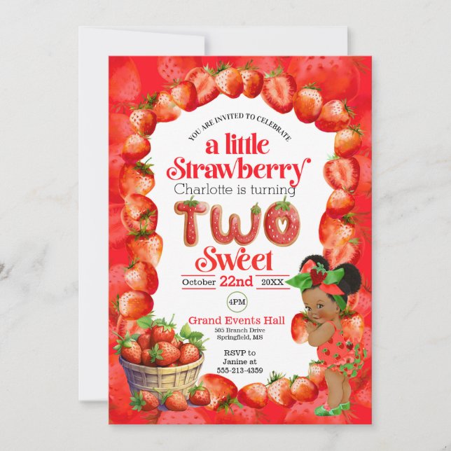 Strawberry 2nd birthday invitation (Front)