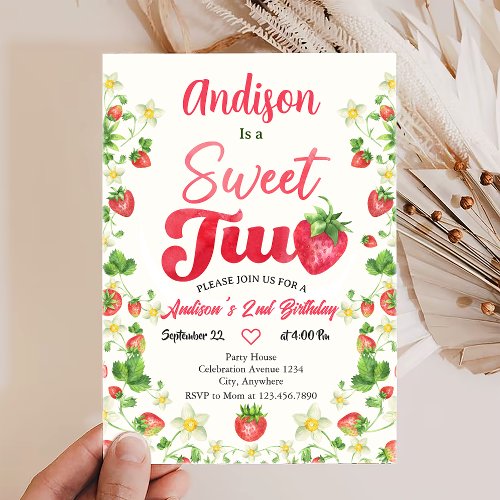 Strawberry 2nd Birthday Party Personalized Invitation