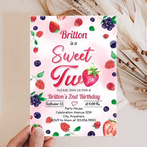 Strawberry 2nd Birthday Party Personalized Invitation