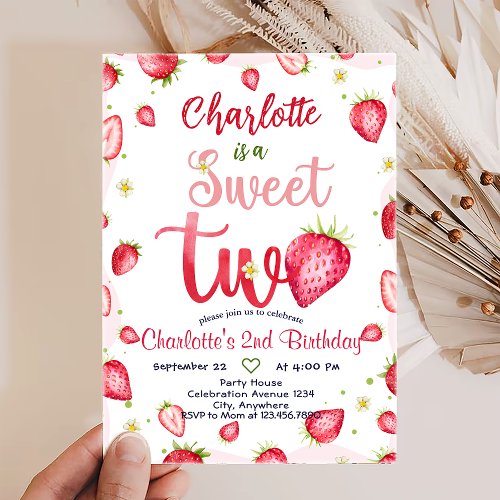 Strawberry 2nd Birthday Party Personalized Invitation