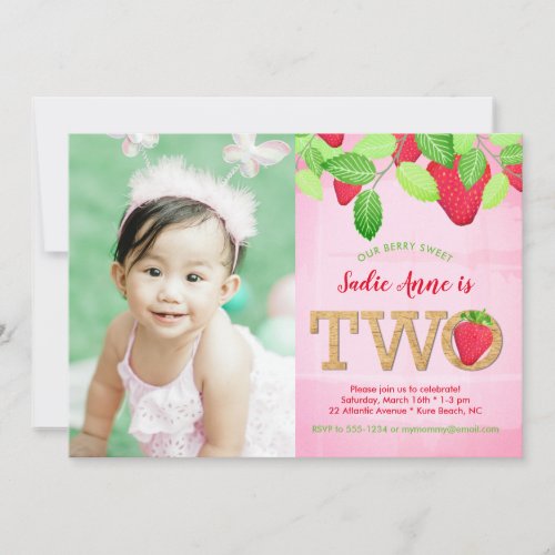 Strawberry 2nd Birthday Pink Watercolor Photo Invitation