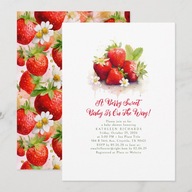 Strawberry A Berry Sweet Baby Girl Baby Shower  Invitation (Front/Back)