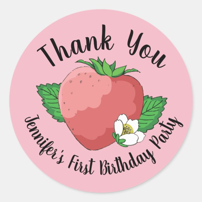Strawberry adjustable stickers birthday party (Front)
