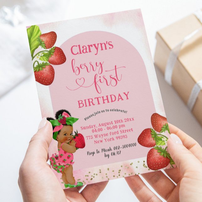 Strawberry African Girl Berry Sweet First Birthday Invitation (Creator Uploaded)