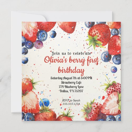 Strawberry and Blueberry First Birthday Invitation