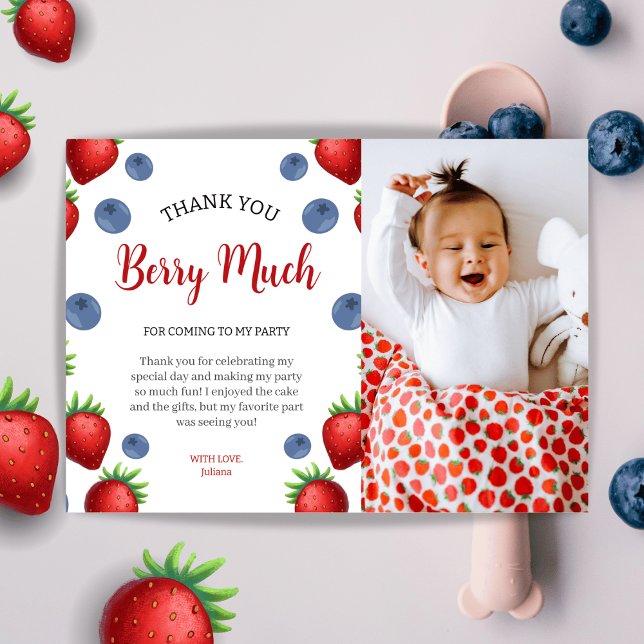 Strawberry and Blueberry Girl Birthday Party Photo Thank You Card (Creator Uploaded)