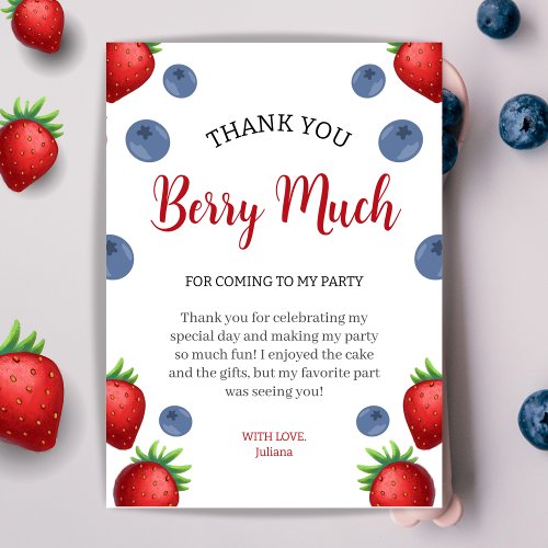 Strawberry and Blueberry Girl Birthday Party  Thank You Card